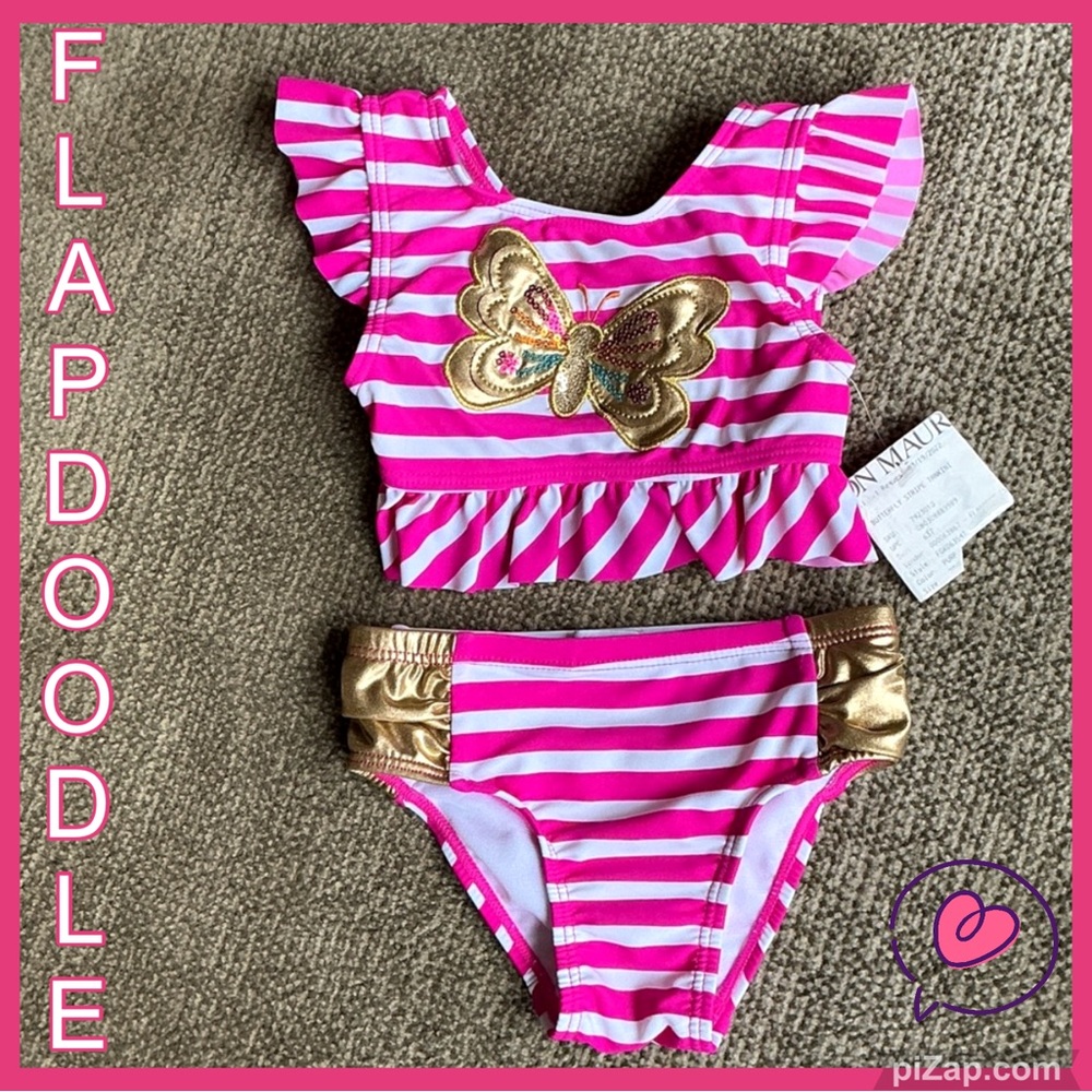 NWT - FLAPDOODLE Pink, White and Gold Striped Butterfly Swimsuit Sz 2T